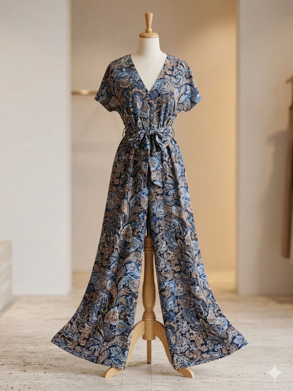 Paisley V-Neck Wide-Leg Jumpsuit in Navy and Tan